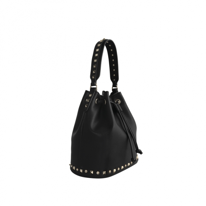 Large Capacity Women's Black PU Leather Bucket Shoulder Bags with small pouch 