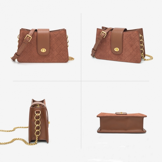 Quality Suede Leather Brown Chain Crossbody Bag 