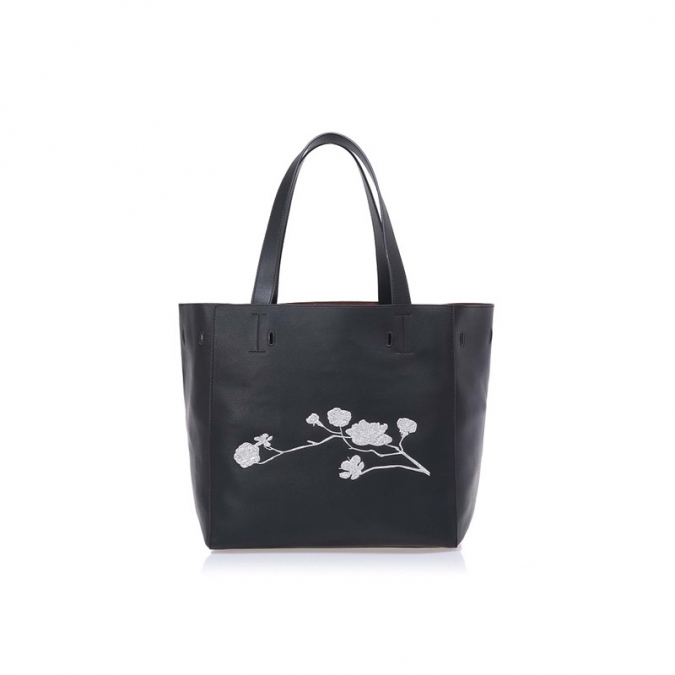 Online Sale Black Soft Leather Embroidery Women Tote Bag 