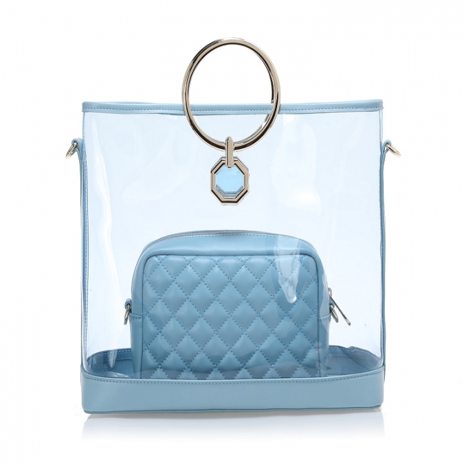 2020 fashion light blue color PVC tote handbag with crossbody bag inside 