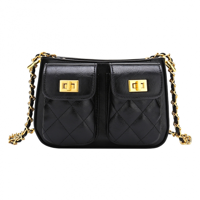 Top Seller Quilted Diamond Line Black PU Shoulder Handbags with Double Front Pocket 