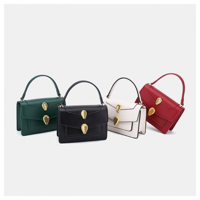 Authentic designer handbag wholesale pu leather square handbag with  snake head shape decoration 