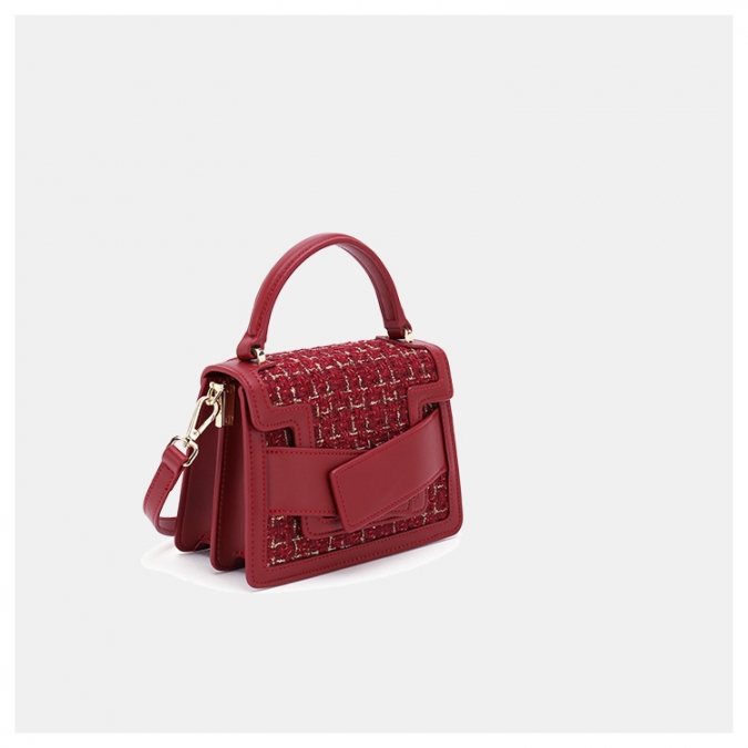Custom wholesale red woolen fabric pu leather  shoulder bag sling bag 2020 