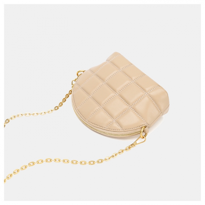 Korean Beige Quilted Faux Leather Chain Small Shell Crossbody Bag With Double Zipper 
