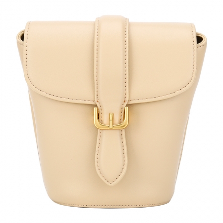 Synthetic leather bucket bag with  leather strap closure