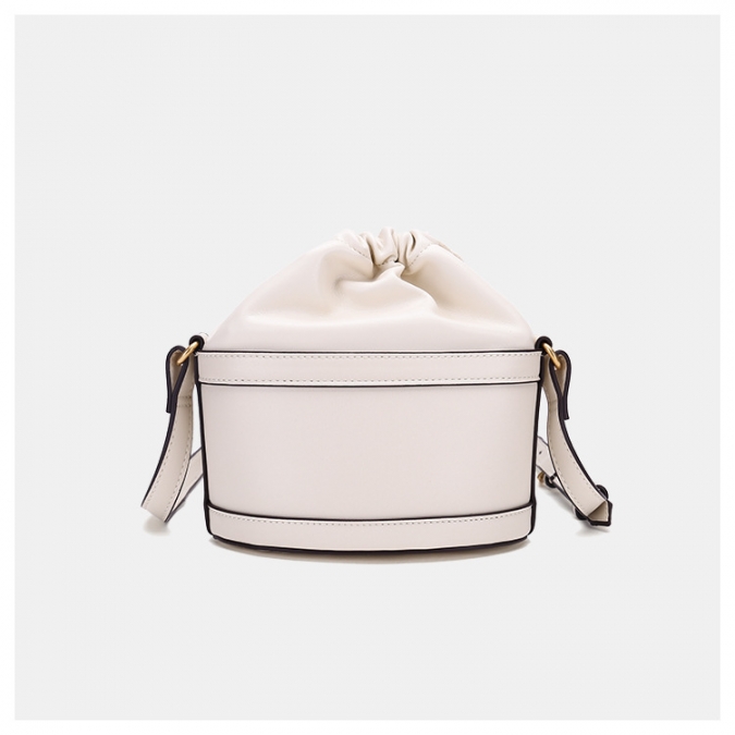 Custom Women White Color Large Size Vegan Drawstring bucket Leather Handbag 