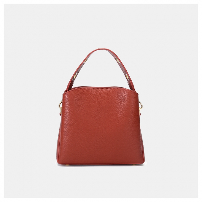 Grainy Red Leather Ladies Large Capacity Wide Shoulder Strap Shoulder Bucket Bag 