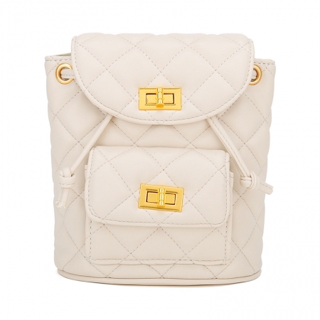 Quilted White PU Flap Backpacks with Drawstring and Lock Closure