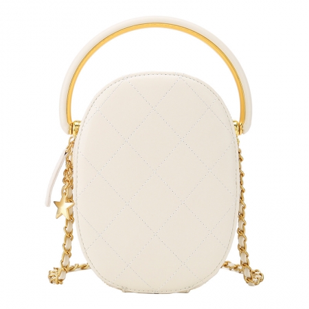 White Oval Shaped Handbags with Half Moon Handle
