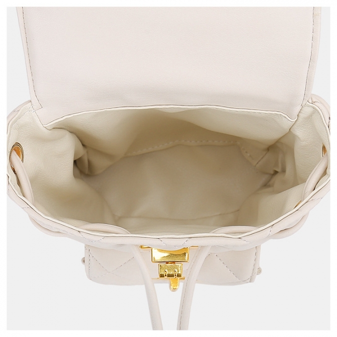 China Handbag Manufacturer Quilted White PU Flap Backpacks with Drawstring and Lock Closure 