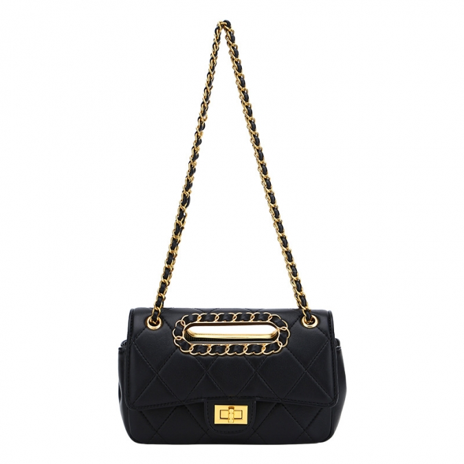 China Handbag Factory Black Quilted Flap Bag with Chain Shoulder Strap 