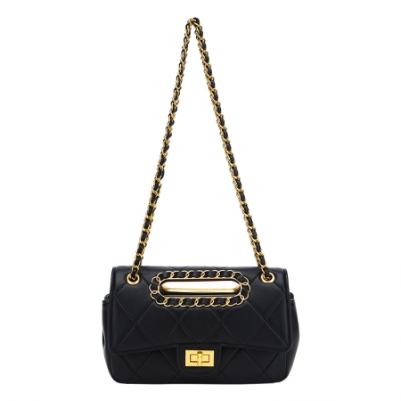 Black Quilted Flap Bag with Chain Shoulder Strap