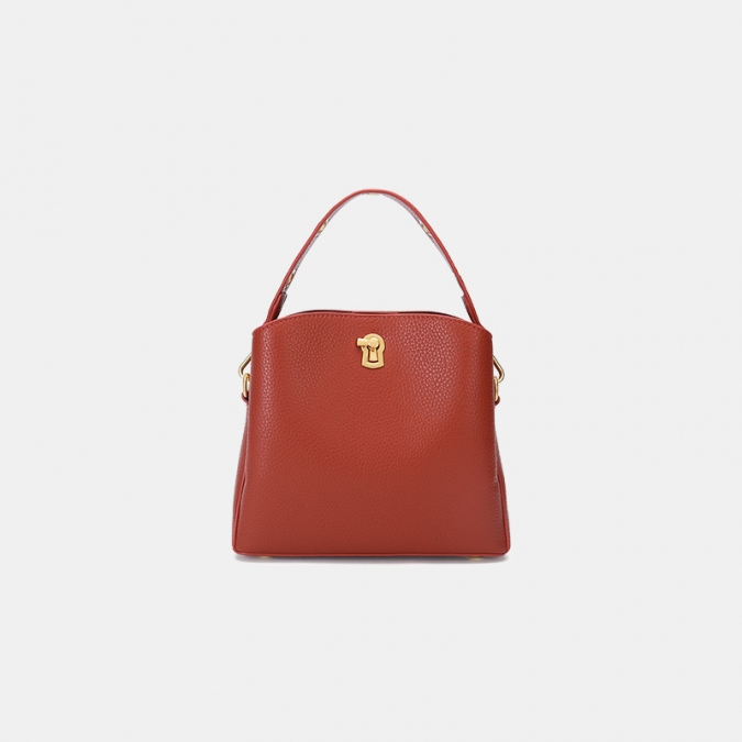 Red PU Leather Ladies Grainy Shoulder Bucket Bag