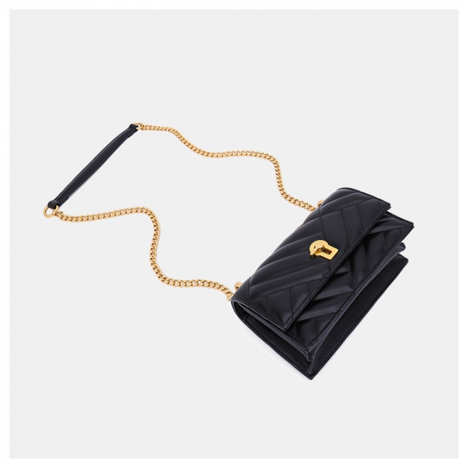 Factory Custom Black Color Golden Chain Cross Body Vegan Stripes Leather Bag For Women 