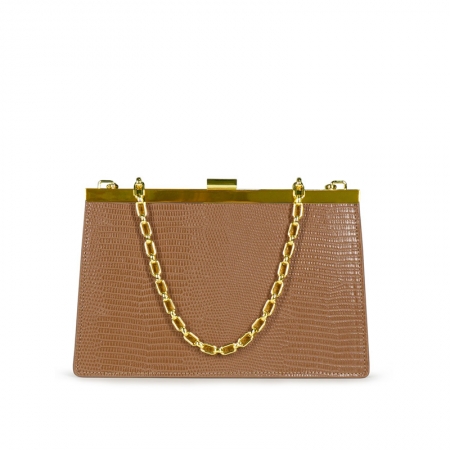 Lizard pu leather chain tote bag with metal frame