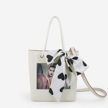 Vegan Leather Large Print Tote Handbag With Bow-knot