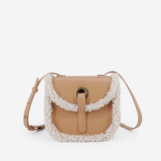 Winter Retro PU Leather With Wollen Girls Small Crossbody Saddle Bag 