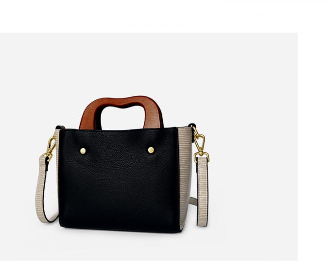 European custom high quality pu contrast color  shoulder bag with wooden handle 