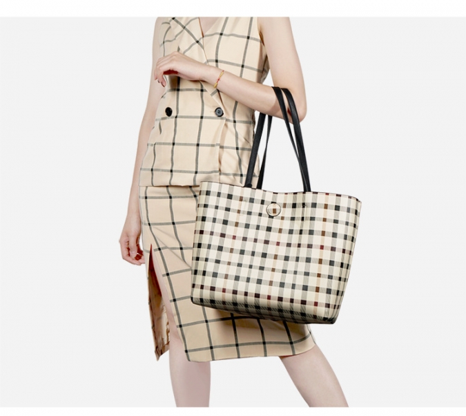 Reversible plaid PU shopper bag handbag set for women 