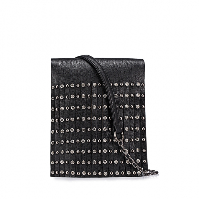 Women's Chain With Rivet Tassel Black Horizontal Bag 