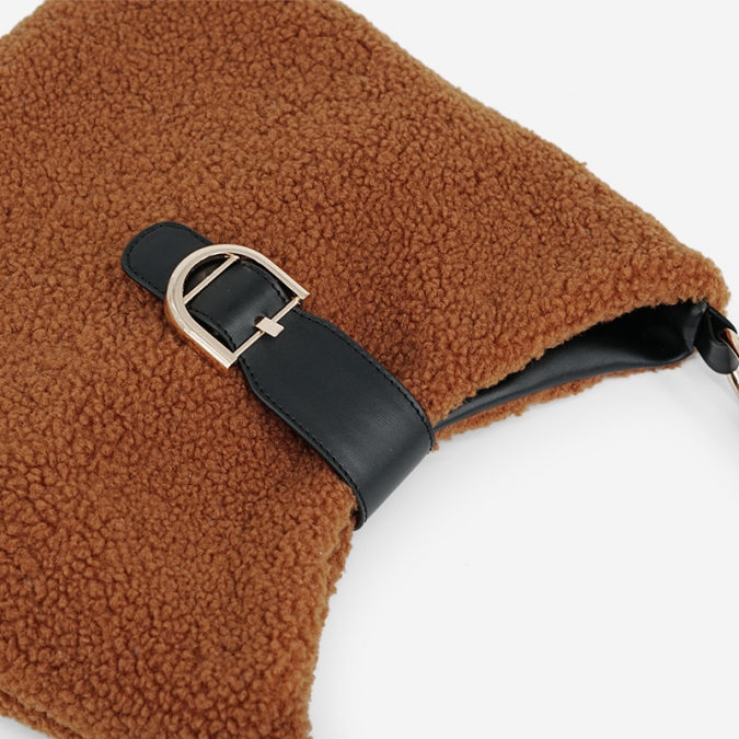 Winter Large Women Retro Woollen Sling Armpit bag With PU Leather Shoulder Strap 