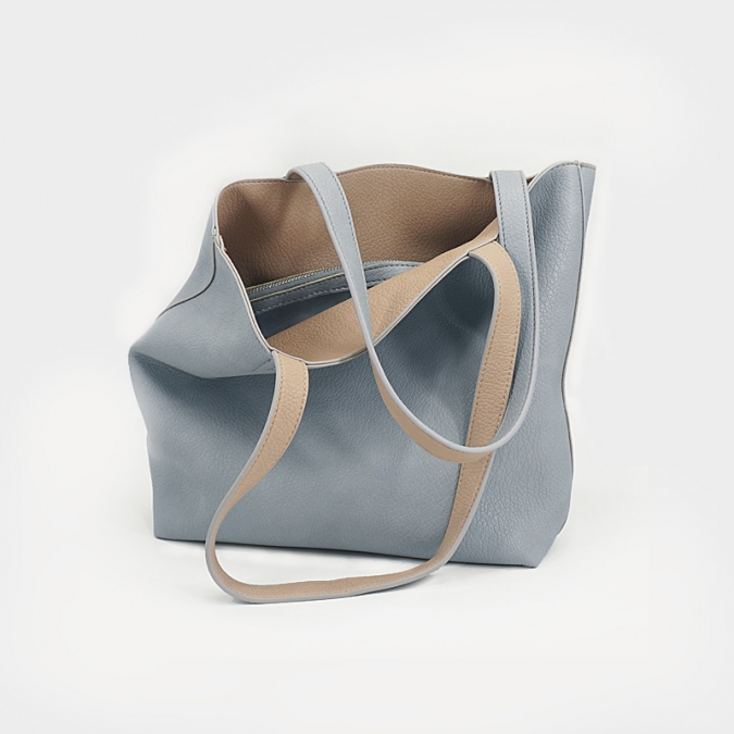 Newly High Capacity Woman Double-side Used Candy Color PU Leather Tote Bag 2 Pcs Handbag Set 