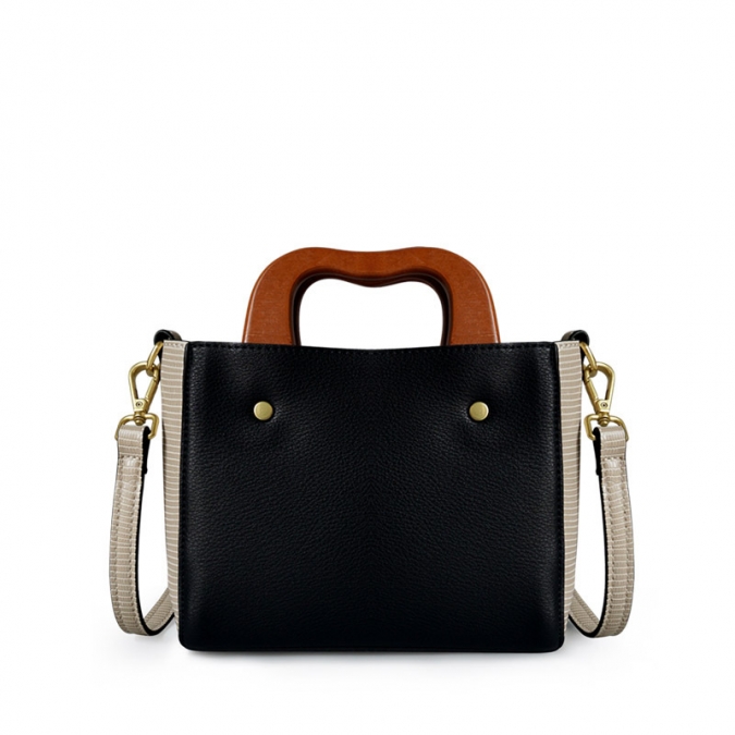 European custom high quality pu contrast color  shoulder bag with wooden handle 