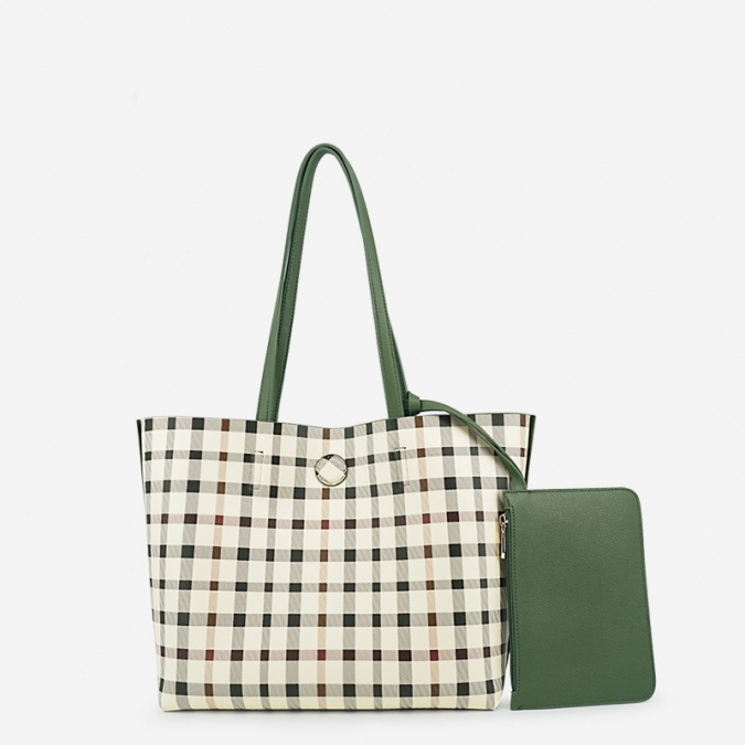 Plaid PU shopper bag handbag set for women
