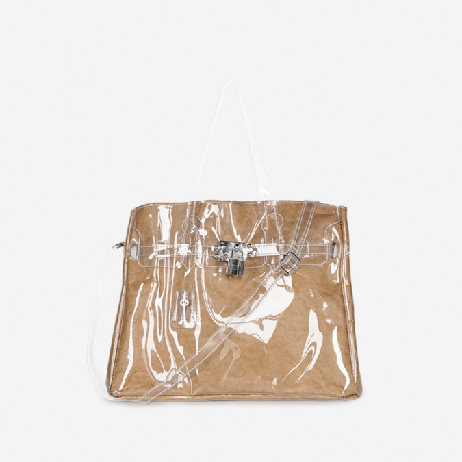 ODM Fashion PVC Transparent  Kraft Paper Women Large Top Handbag 
