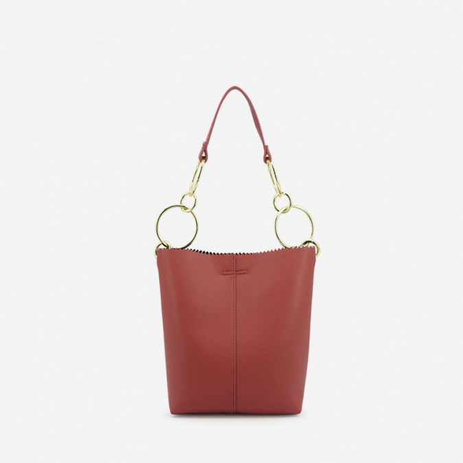 Simple Design Nappa Leather  Women Shoulder Bucket Bag With Mentallic Round Ring Strap 