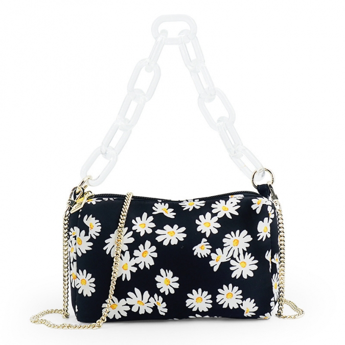 printed daisy cotton fabric handbags with acrylic chain strap 