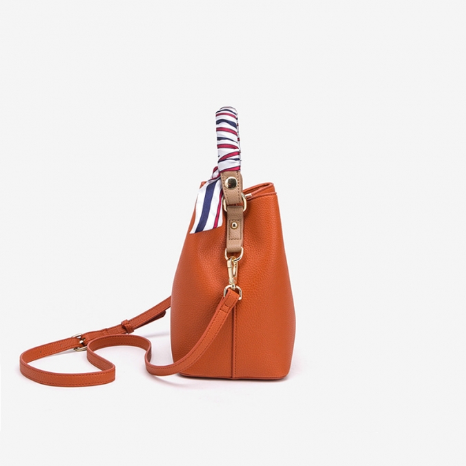 Custom OEM soft orange pu leather bucket bag with silk Scarf 